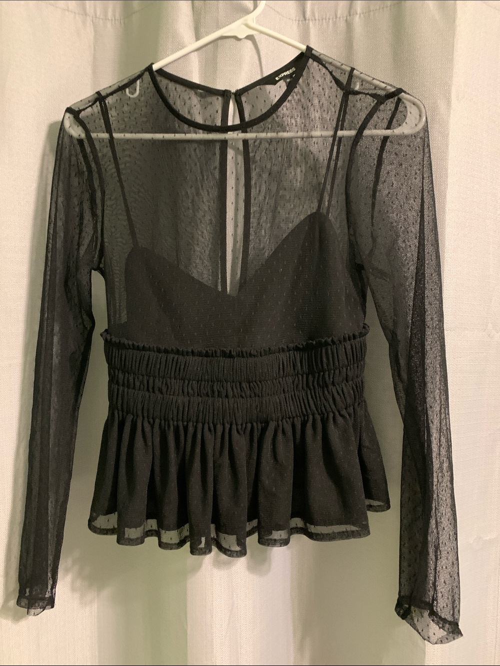 Express Black Sheer Long-Sleeve Peplum Blouse